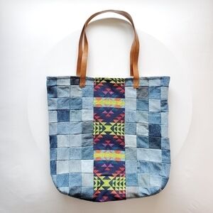NEW Denim Tote Bag with Leather Straps - Bright Colors Farmers Market Day Trip